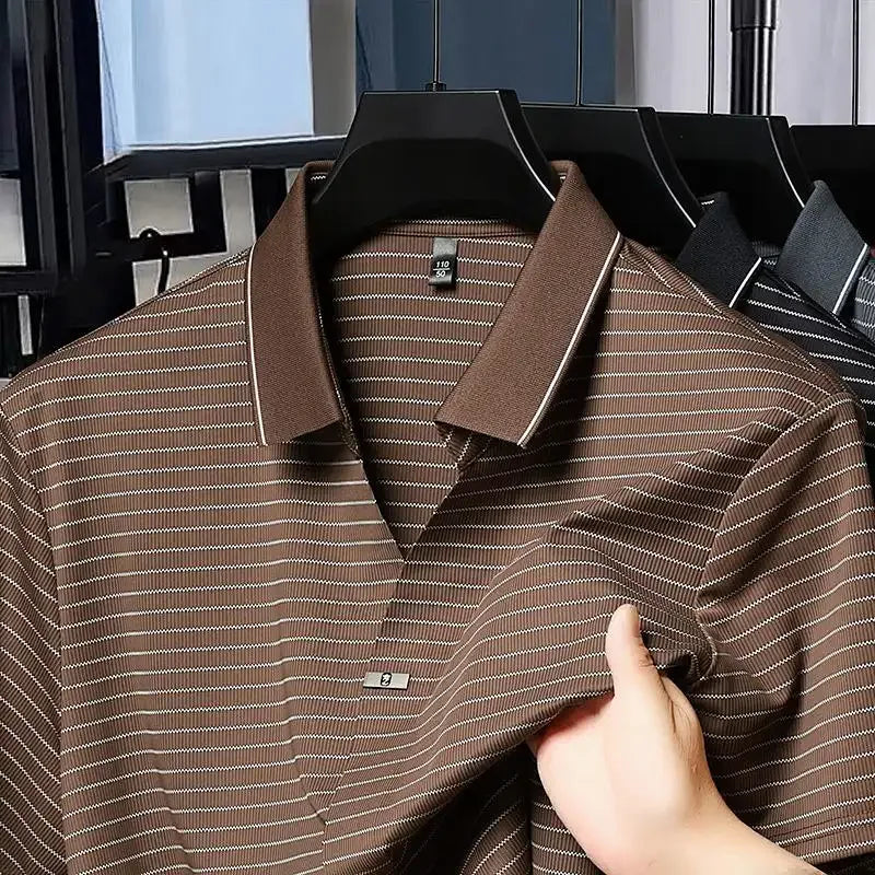Ice Silk Short-sleeved Striped Men's T-shirt Summer New Lapel POLO Shirt Casual Fashion Top