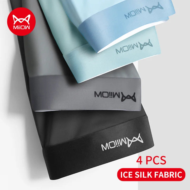 MiiOW 4Pcs Ice Silk Men Boxer Shorts Graphene Antibacterial Men Underwear Man Underpants Seamless Breathable Mens Panties L-5XL