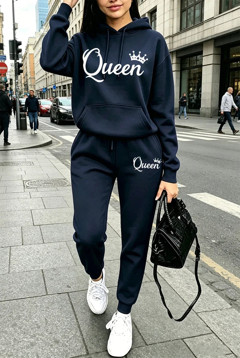 Queen Printing Autumn Winter Women's Outfits Casual Hooded Sweatshirts Outdoors Sports Jogging Clothes 2026 Single Hoodie Pants