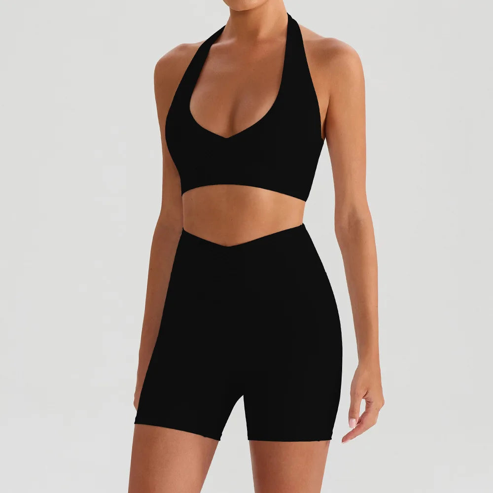 Yoga Sports Set Women Hanging Neck Workout Crop Top Bra High Waist Shorts Pants Fitness Suit Comfort Elastic Skirt Sportsuit - ATFH