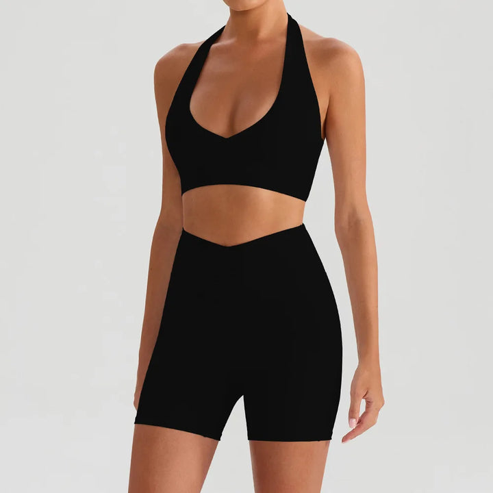 Yoga Sports Set Women Hanging Neck Workout Crop Top Bra High Waist Shorts Pants Fitness Suit Comfort Elastic Skirt Sportsuit - ATFH