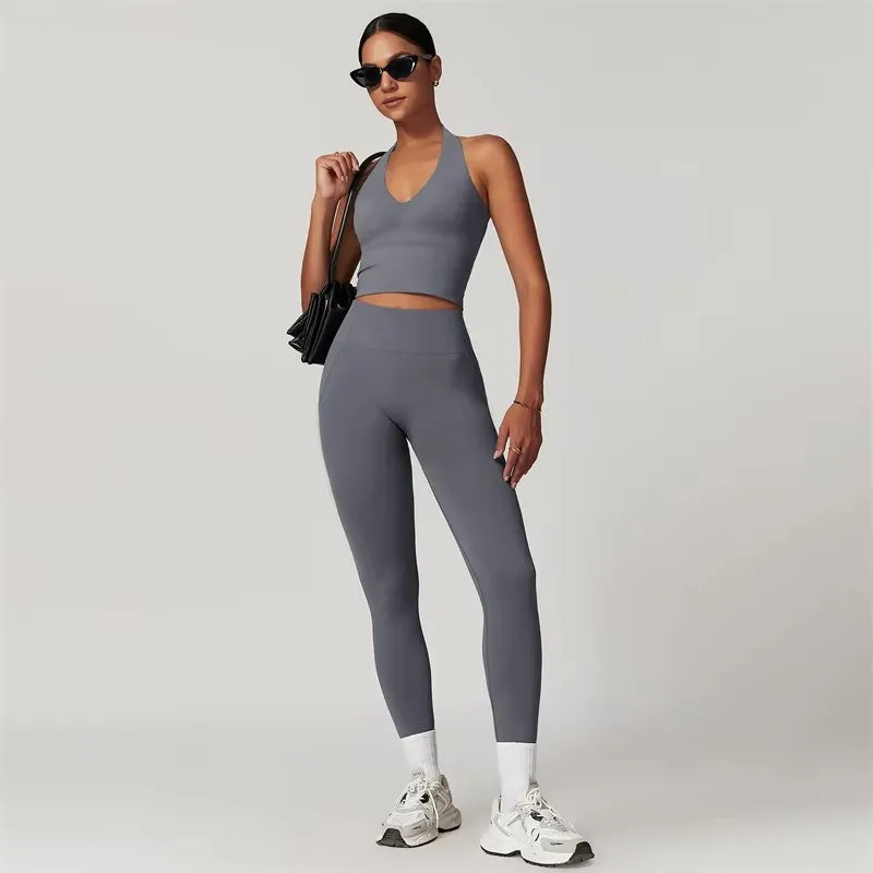 Quick-Dry Yoga Suit Sports Sets Women's Tracksuit Running Crop Tops and Leggings 2 Piece Set Fitness Wear Black Gym Clothing - ATFH