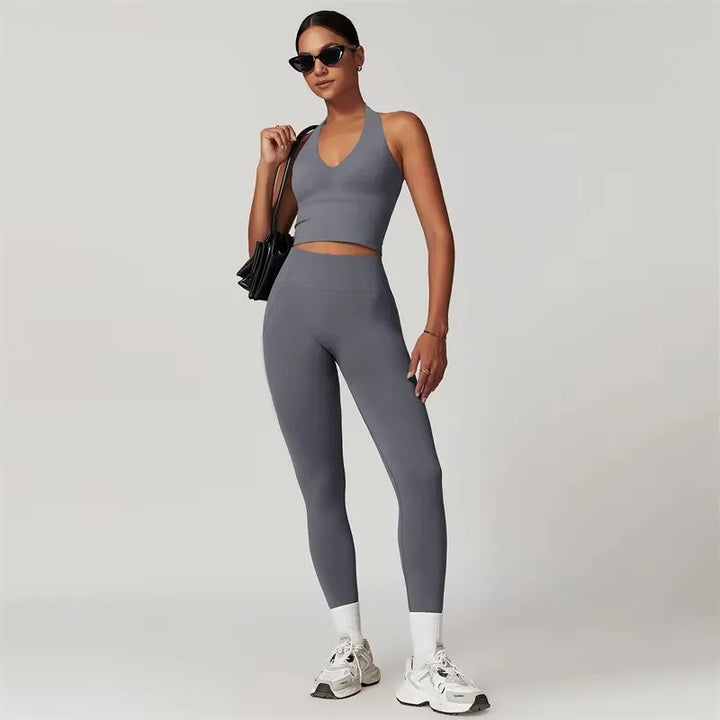 Quick-Dry Yoga Suit Sports Sets Women's Tracksuit Running Crop Tops and Leggings 2 Piece Set Fitness Wear Black Gym Clothing - ATFH