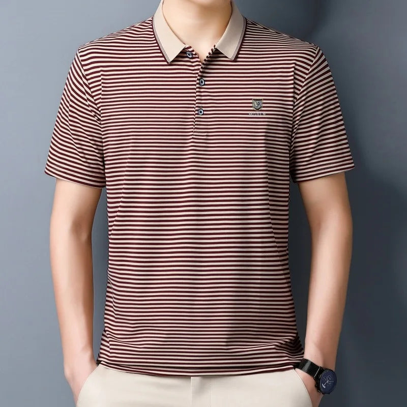 Cotton short sleeved T-shirt for men's summer new lapel striped printed loose dad's polo shirt