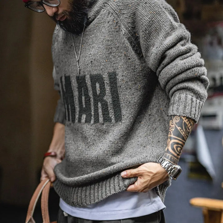Maden Vintage Men's Gray Letter Jacquard Sweater V-Neck Draped Pullover Thermal Heathered Effect Knitwear for Autumn Winter - ATFH