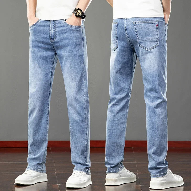 2026 Summer Men's Jeans Slim Fit Jeans Thin Stretch Straight Light Business Casual Denim Long Pants Male Classic Style Brand ATFH
