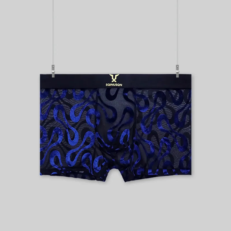 Luxury Men's Sheer Mesh Boxer Briefs Sexy Velvet Flocked Print Underwear Wide Elastic Waistband Breathable 3D Contour Pouch No R