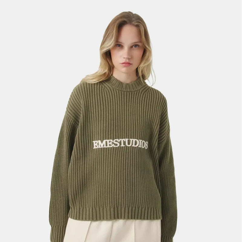 Eme Letter Y2k Street Round Neck Sweater Men's And Women's Loose Fitting Pullover Casual Retro Knitted Sweater Autumn And Winter - ATFH