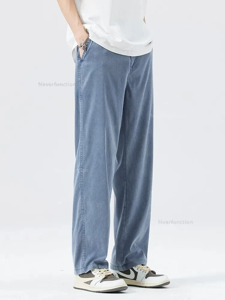 Ultra Thin Baggy Jeans Men's Summer New in Lyocell Soft Breathable Straight Trousers Elastic Waist Casual Blue Gray Wide Pants ATFH