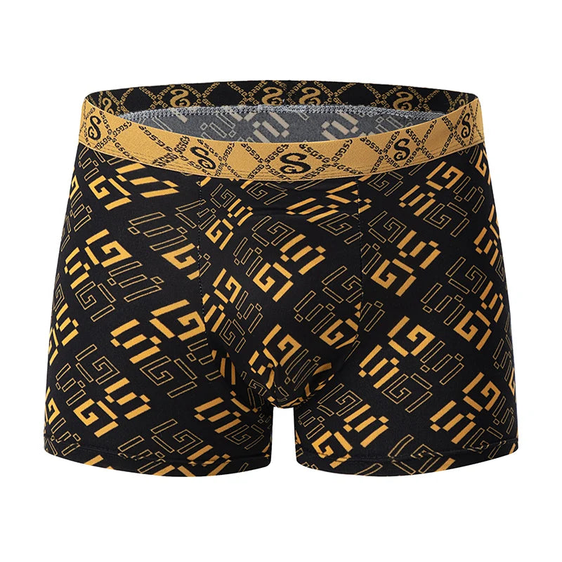 5-piece Set Of Black Gold Printed Men's Underwear Quick Drying Breathable Comfortable Elastic Casual Fashionable And Trendy