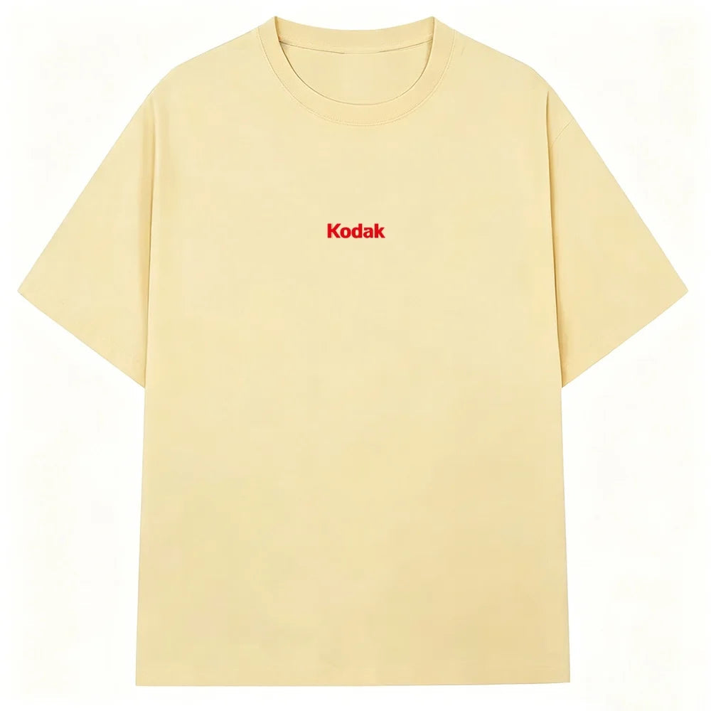 Black Kodak Basic Red Center Logo Graphic Tee, Simple White-on-Black Brand Print, Cotton Crewneck for Daily Casual Wear ATFH