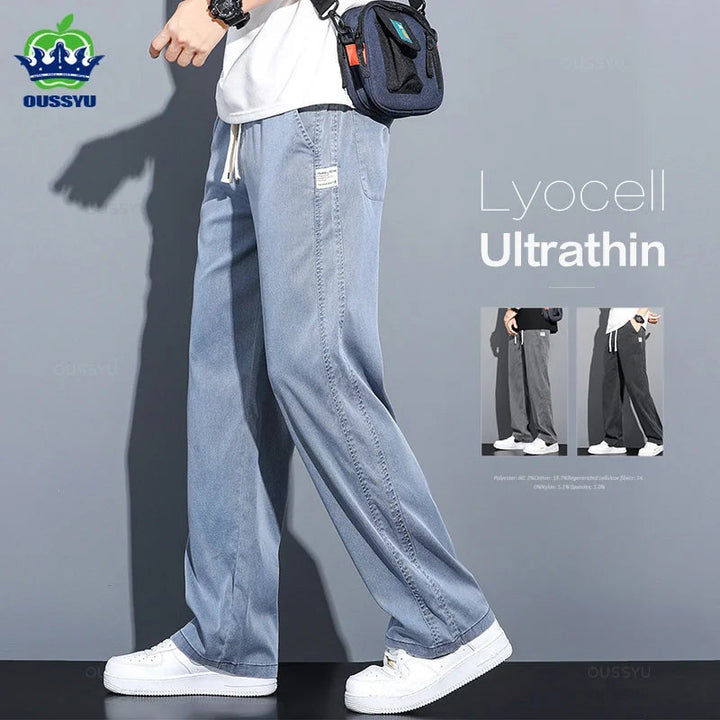 Summer Soft Lyocell Fabric Men's Jeans Thin Loose Straight Pants Drawstring Elastic Waist Korea Casual Trousers Plus Size M-5XL ATFH