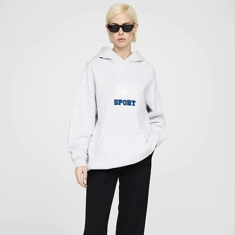 North America Style Women's Oversized Hoodie Sweatshirt Grey Color Classic Letter Print Streetwear Trendy Autumn Spring New - ATFH