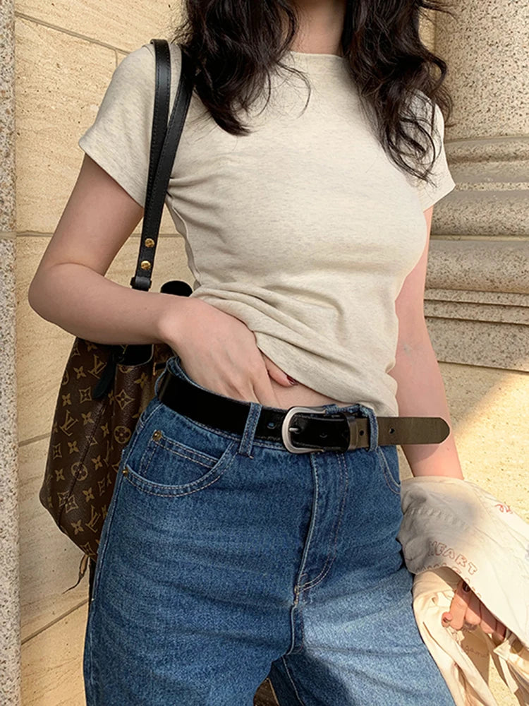 Solid Basic Short Sleeve T-shirts Women Casual Summer Simplicity Female Korean All-match Tops O-neck Black White Skinny Shirt - ATFH