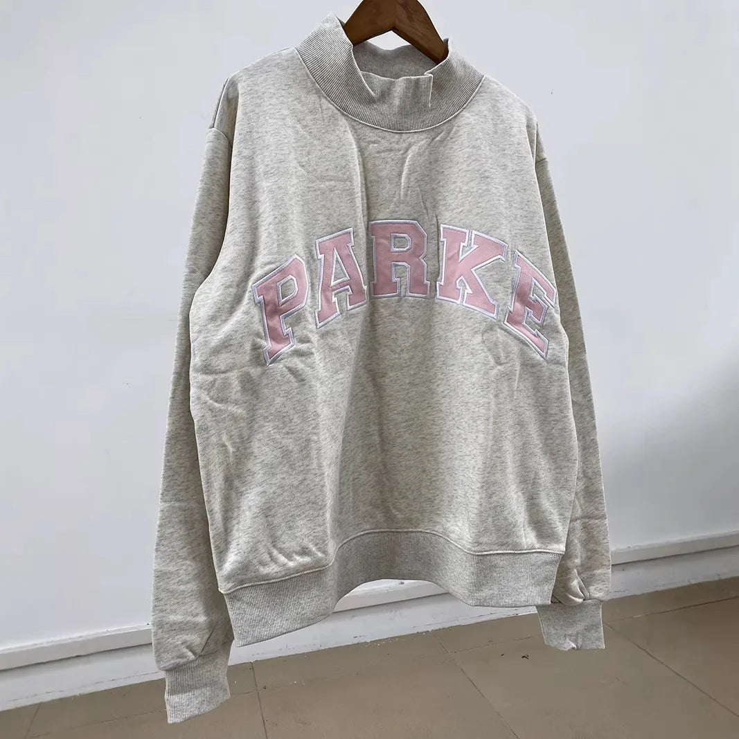 Spring new style niche North American PK letter patchwork embroidered floral cotton half-high neck women's sweater - ATFH