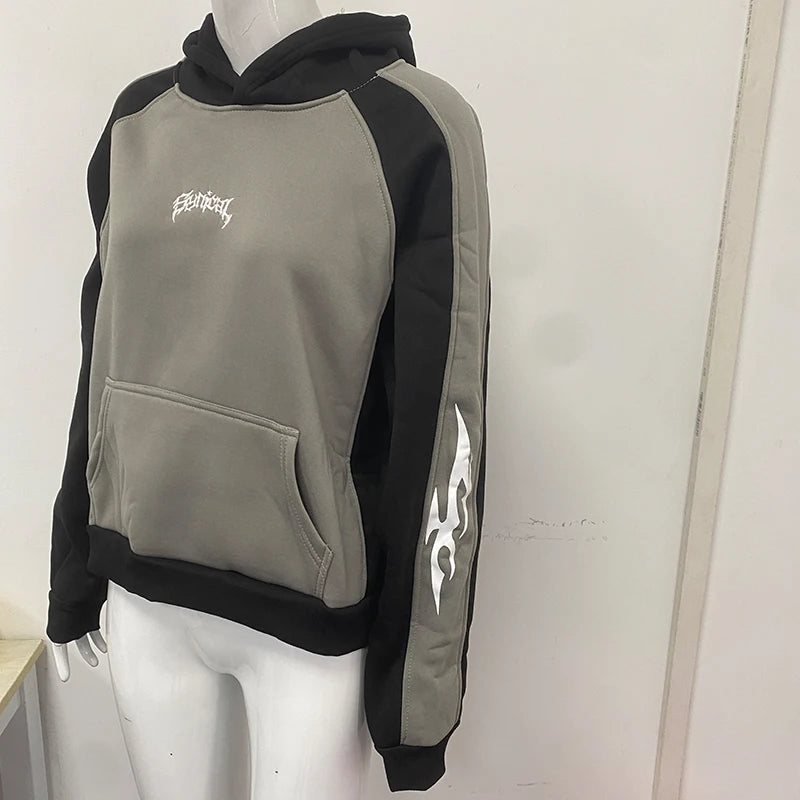 Letter Embroidery Hoodie Contrast Stitching Fashion Long Sleeve Loose Pullover 2000s High Street Vintage Hip Hop Rock Sweatshirt - ATFH
