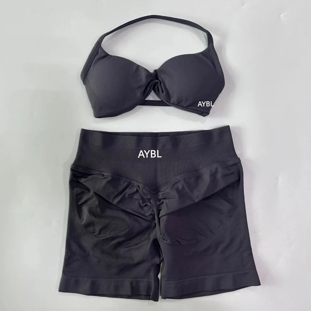 Trendy 2PCS Gym Set Women Strappy Yoga Bra Top High Waist Workout Scrunch Shorts Sports Suit Seamless Yoga Set Fitness Clothes Tahsi Fashion House