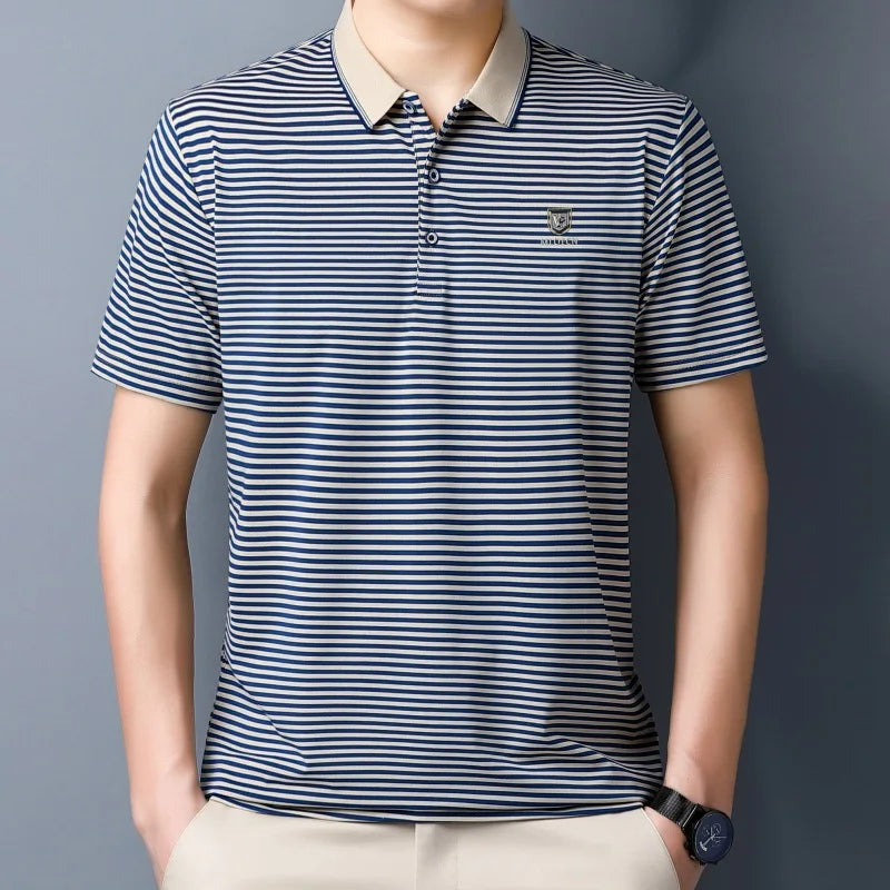 Cotton short sleeved T-shirt for men's summer new lapel striped printed loose dad's polo shirt