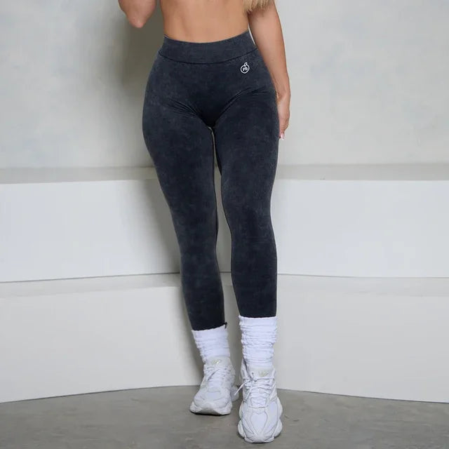 Women BUM Low V-Back Scrunch Butt Leggings Acid Wash Denim Blue Women Seamless High Stretch Sports Yoga Pants Women Gym Cycling - ATFH