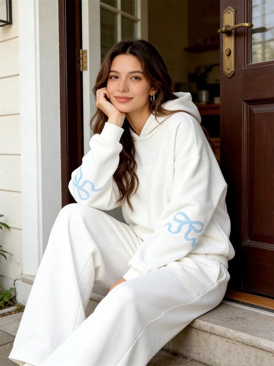 Women's Casual 2 Piece Outfits Long Sleeve Bow Print Hooded Tops Sweatshirts Wide Leg Pants Sets Tracksuits