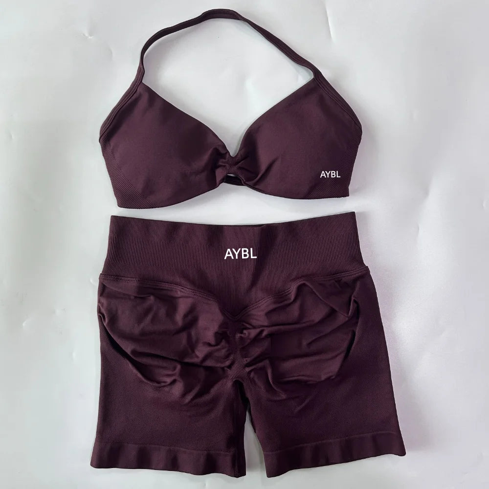 Trendy 2PCS Gym Set Women Strappy Yoga Bra Top High Waist Workout Scrunch Shorts Sports Suit Seamless Yoga Set Fitness Clothes Tahsi Fashion House