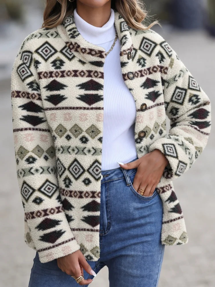 2026 New Women's Winter Fleece Jacket, Loose and Fitted, Soft and Warm, with Windproof and Anti-Pinch Design, Cream-Colored Aztec Geometric Print, Stand-Up Collar with Button Closure, a Rural Style Daily Winter Outfit Jacket