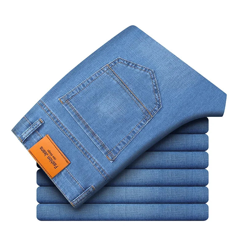 2026 Summer Thin Men's Cotton Jeans New Fashion Gray Elastic Straight Business Casual Pants Comfortable Brand Trousers ATFH