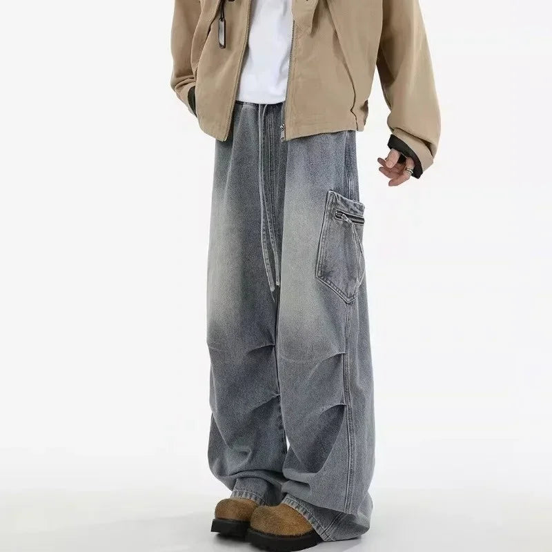 Autumn High Street Pleated Cargo Jeans For Men Pocket Straight Wide-leg Denim Pantalones Hombre Hip Hop Fashion Y2K Baggy Jean ATFH