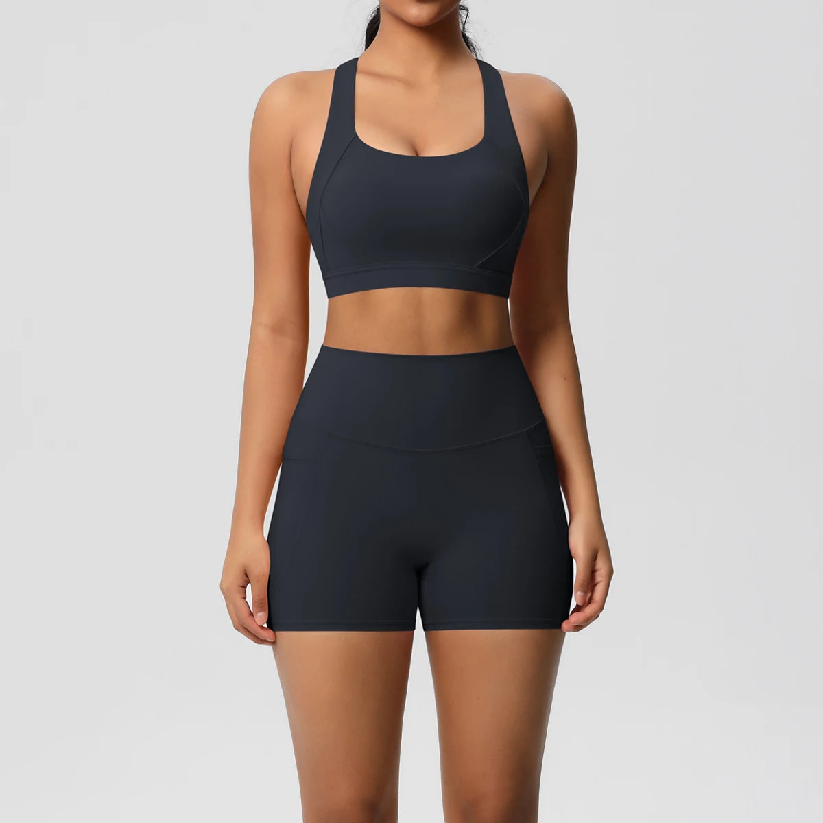 2PCS Sportswear With Pocketed Yoga Set Gym Clothes Yoga Suits For Women Tracksuits Sports Shorts Crossover Bra Gym Leggings - ATFH