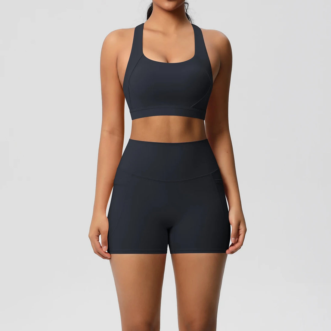 2PCS Sportswear With Pocketed Yoga Set Gym Clothes Yoga Suits For Women Tracksuits Sports Shorts Crossover Bra Gym Leggings - ATFH