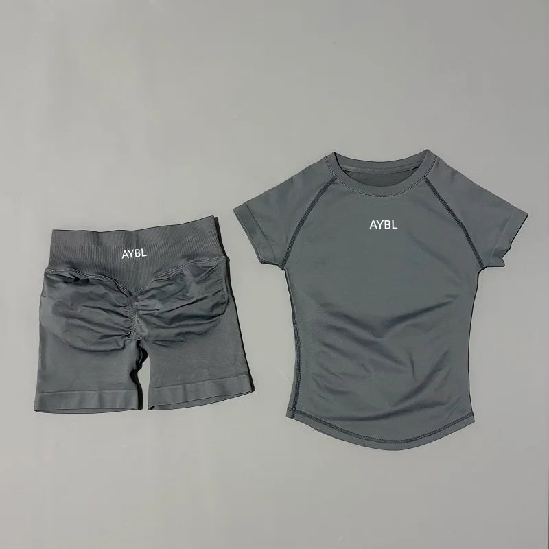 2 Pieces Sports Sets Short Sleeve Sculpt T Shirt Seamless Yoga Top Fitness Set Women Workout Running Sports Shorts Gym Suit - ATFH