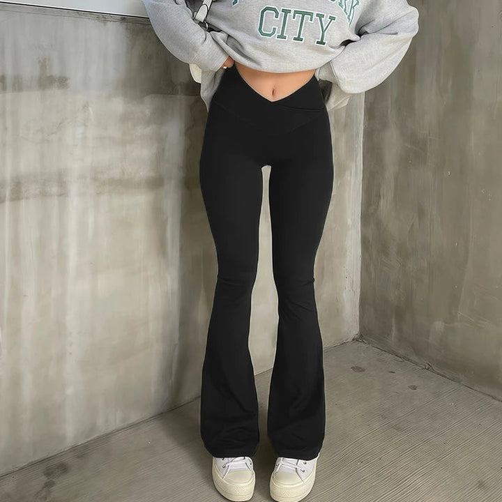 Sexy Flared Leggings Women's Running Pants Scrunch Butt Trousers Cross Waist Sports Tights Woman Wide Leg Fitness Workout Legins ATFH