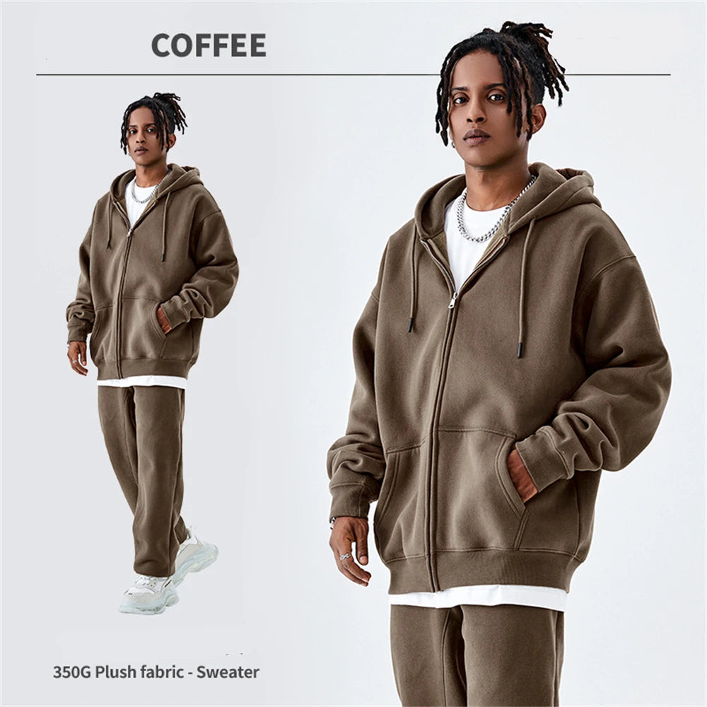 ZODF Basic Winter Men Fleece Zipper Hoodies Unisex Casual Loose 350gsm Warm Solid Hooded Sweatshirts Coats 18 Colors HY0726 - ATFH