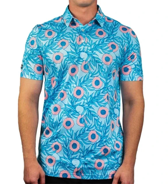 Summer Printed Floral Casual Golf T-shirt Men Outdoor Short Sleeve Quick Dry Breathable Clothing Lapel F4 Racing Polo T-shirt