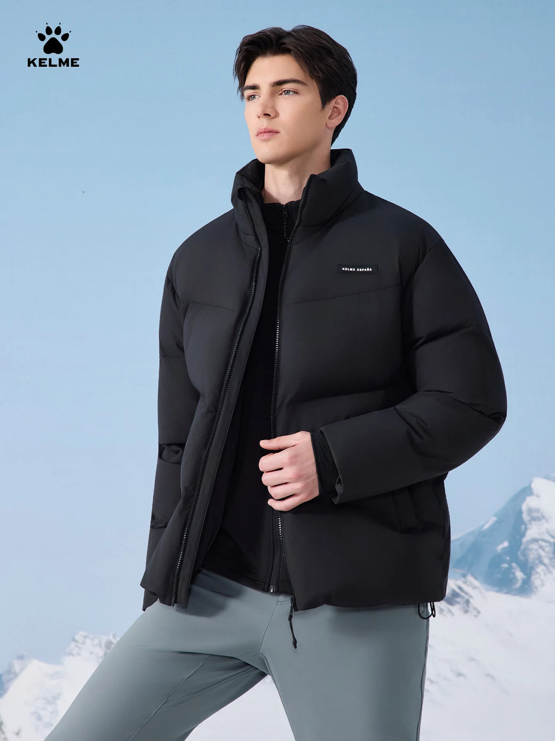 Kelme Men's Thermal Cotton Jacket With Stand Collar, Windproof Loose-fit Casual Outerwear Fleece-lined Sports Set