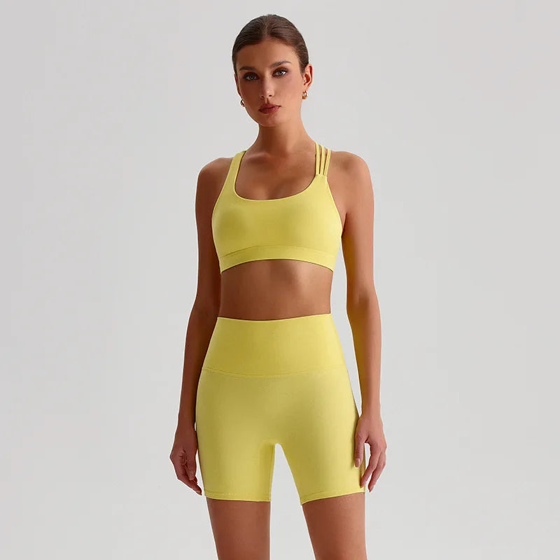 Women's Seamless Yoga Set Quick-Dry Sexy Backless Sportswear Bra High-waisted Shorts Outdoor Running Gym Fitness Workout Outfit - ATFH