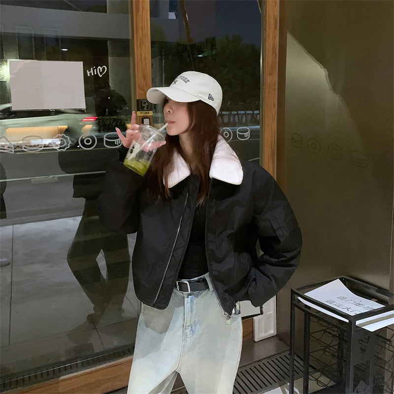 Long Sleeve Winter Short Jackets Loose Women's Cotton Padded Jackets 2025 New Detachable Wool Lapel Black Sport Parka Coat Trend ATFH