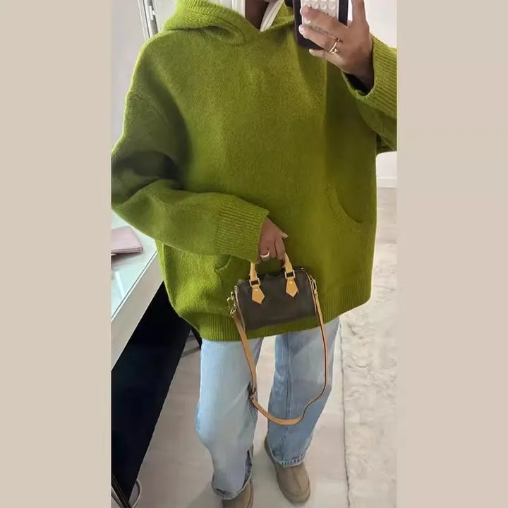 Casual Hooded Knitted Women's Sweater Solid Color Loose Full Sleeve Pocket Lady Pullover 2025 Autumn Winter New Female Top - ATFH