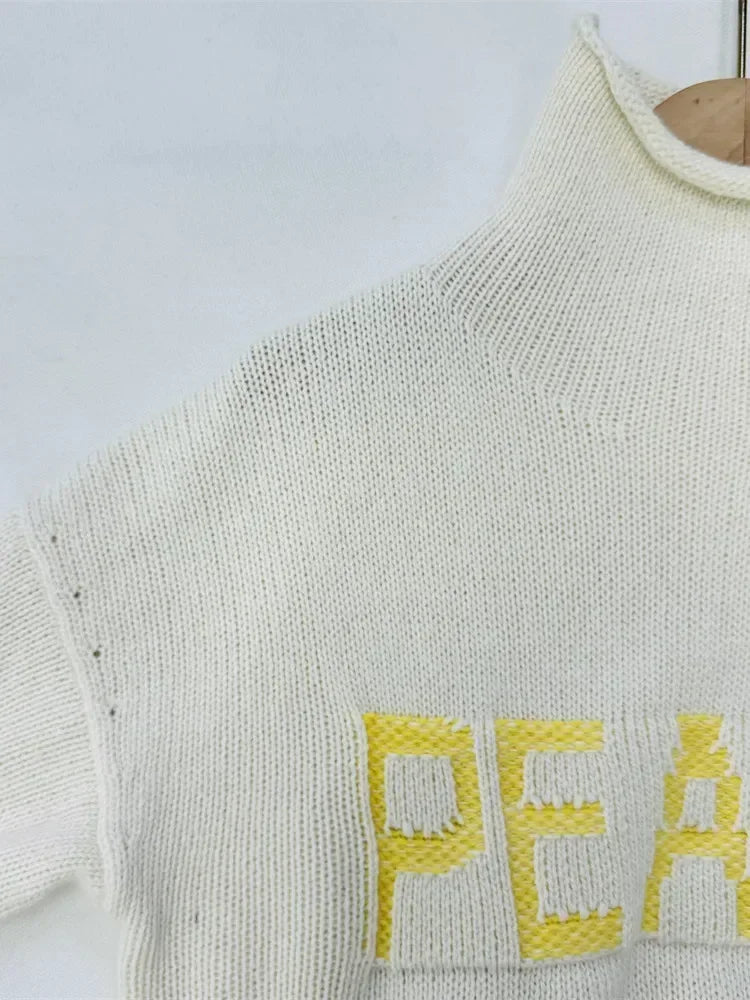 Women's Fashionable Versatile Letter High Neck Pullover Knitted Wool Sweater with Lazy Style Loose Top - ATFH