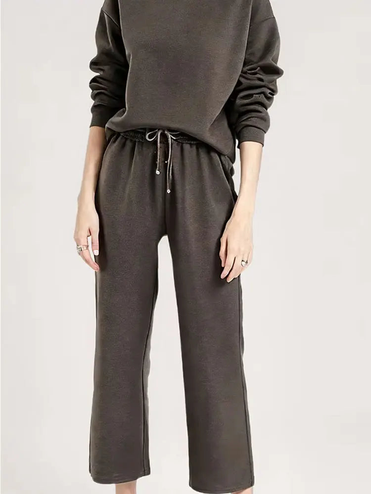 HH Trendy Solid Sweatshirt Set For Women Long Sleeves Causal Hooded Sweatshirt+Drawstring High Waist Straight Pants
