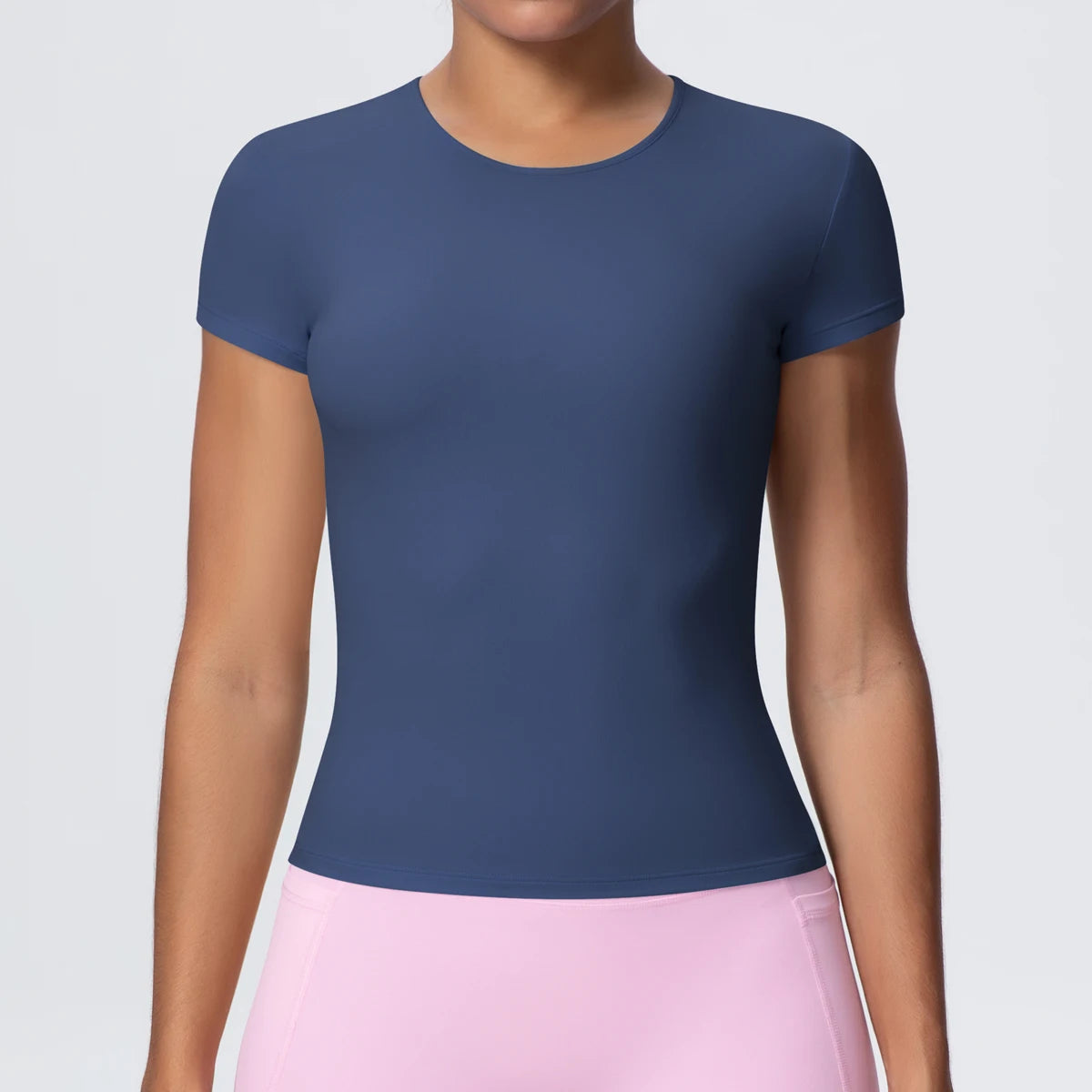 Woman Solid Color Workout Top T-Shirt Quick Drying Breathable Short Sleeve Gym Sports Running Slim Casual Yoga Top Clothing - ATFH