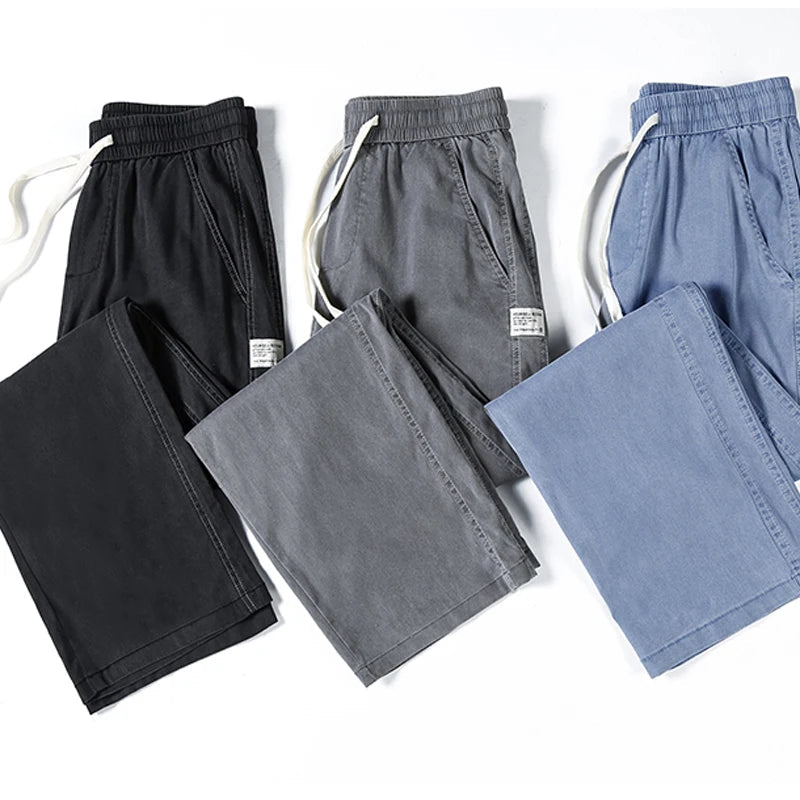 Summer Soft Lyocell Fabric Men's Jeans Thin Loose Straight Pants Drawstring Elastic Waist Korea Casual Trousers Plus Size M-5XL ATFH