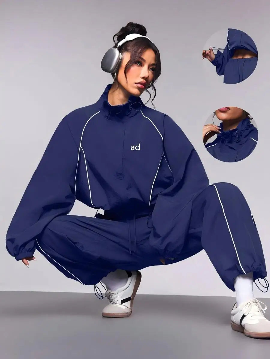 2-piece set of new casual women's fashion contrasting drawstring sports jacket, long pants long sleeved jacket set