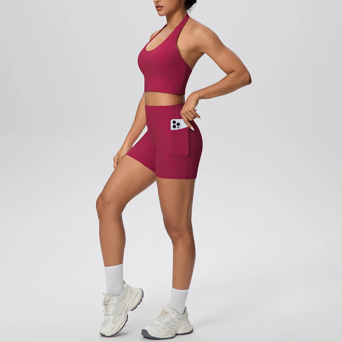 2PCS Women Yoga Set Solid Color Beautiful Back Hanging Neck Bra with Chest Pad Quick-Dry Fitness Shorts With Pockets Yoga Set - ATFH