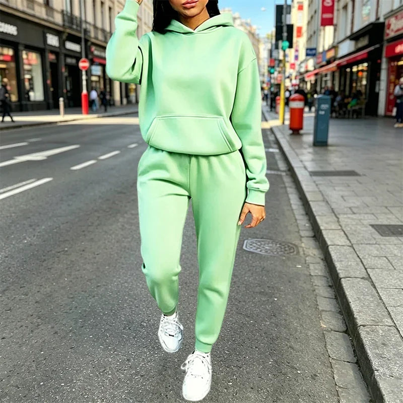 Women's Outfits Solid Color Casual Hooded Sweatshirt Sweatpants 2 Pcs Suit Sports Jogging Clothes Autumn Winter Woman Pants Sets
