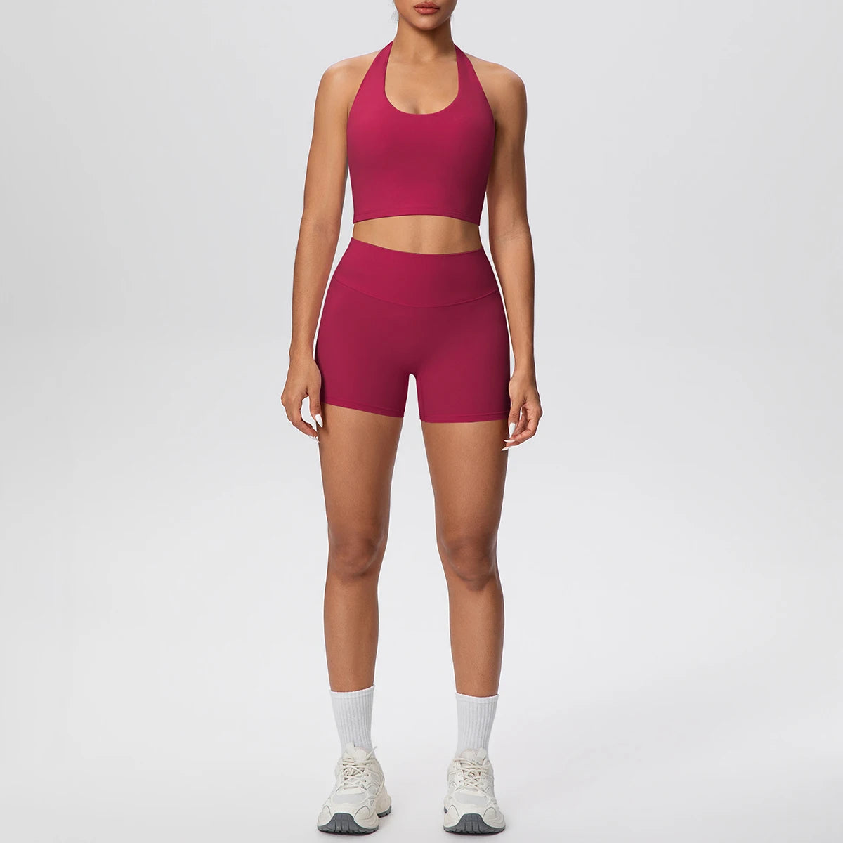 2picese Women Yoga Suit Solid Color High Waist Hip Push Up Fitness Shorts Sexy Pilates Backless Gym Hanging Neck Bra Yoga Set