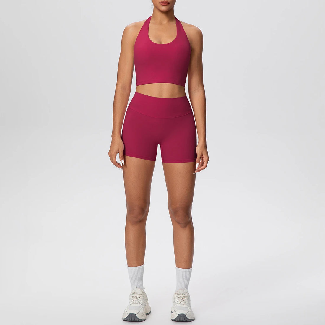 2picese Women Yoga Suit Solid Color High Waist Hip Push Up Fitness Shorts Sexy Pilates Backless Gym Hanging Neck Bra Yoga Set