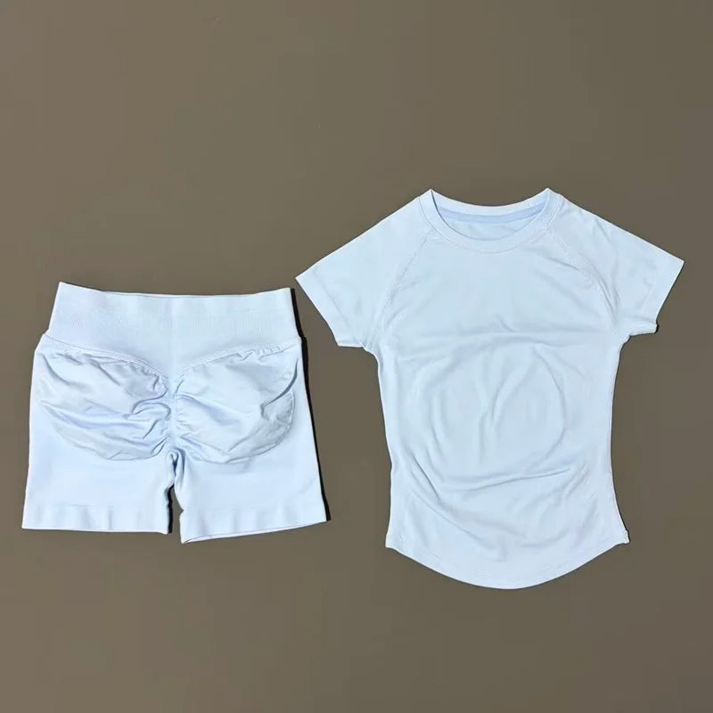2 Piece Sports Set Women Gym Yoga Set Seamless Fitness Gym Clothes Sportswear Short Sleeve Top Sports Short Leggings Suit - ATFH