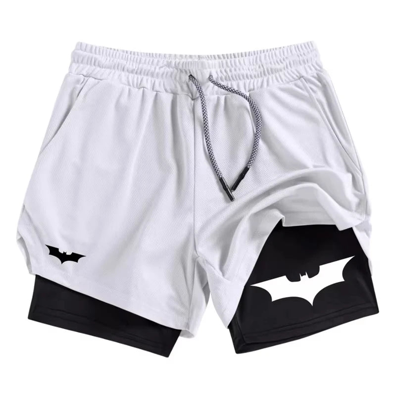Men's Bat Print 2-in-1 Performance Shorts, Breathable Quick Drying Sports Shorts with Phone Pocket, Gym, Training, Running,