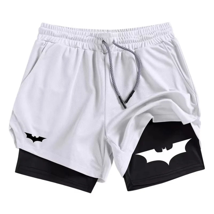 Men's Bat Print 2-in-1 Performance Shorts, Breathable Quick Drying Sports Shorts with Phone Pocket, Gym, Training, Running,